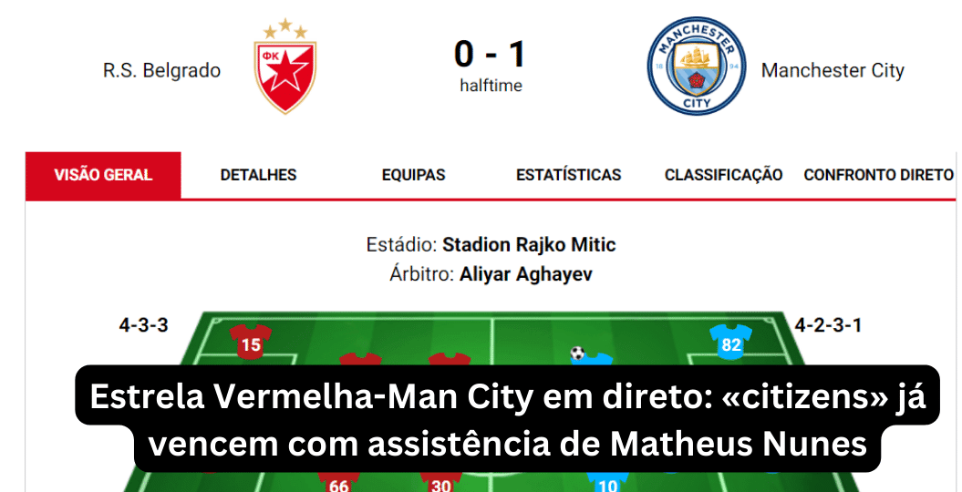 Estrela Vermelha-Man City em direto «citizens» já vencem com assistência de Matheus Nunes